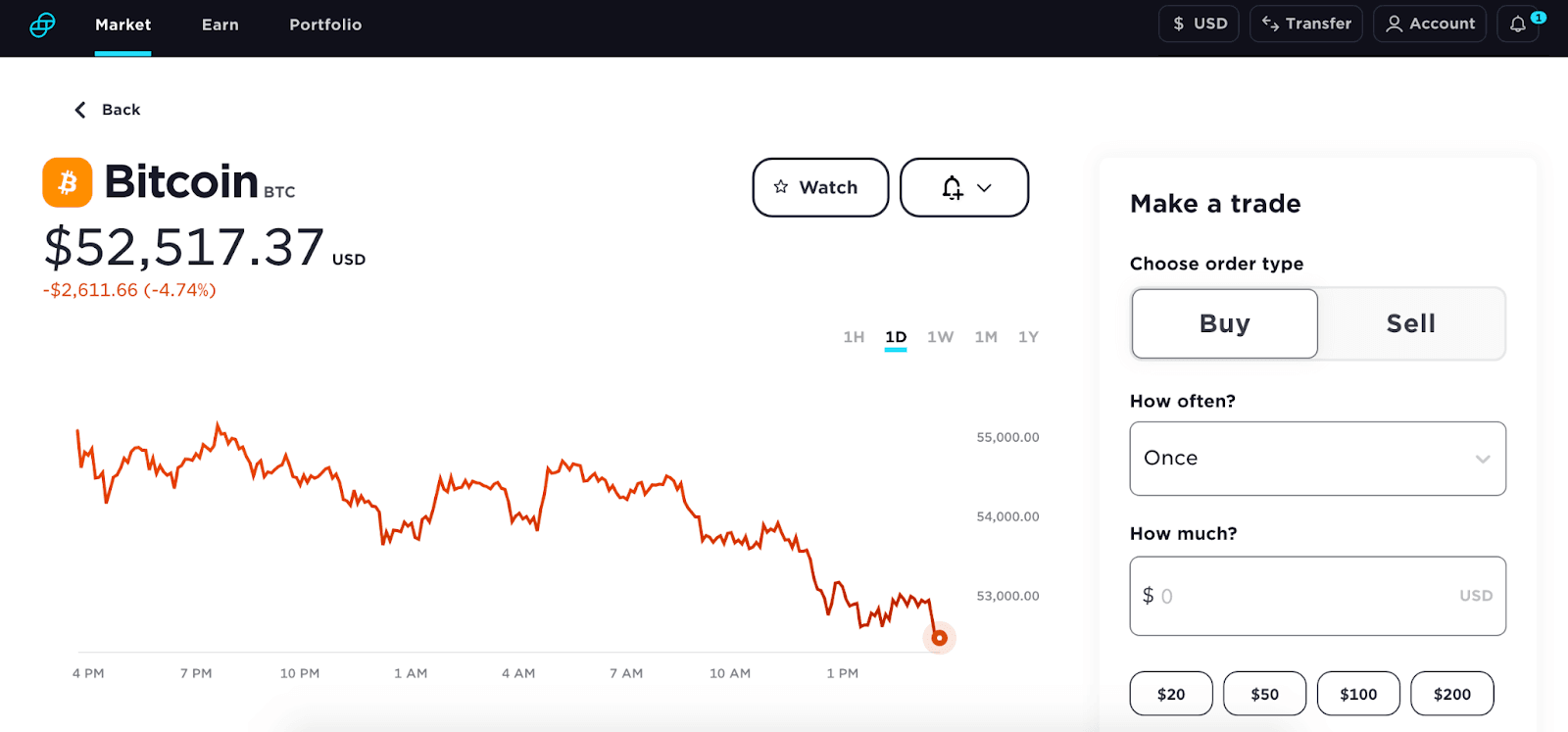Screenshot of Bitcoin page on Gemini dashboard